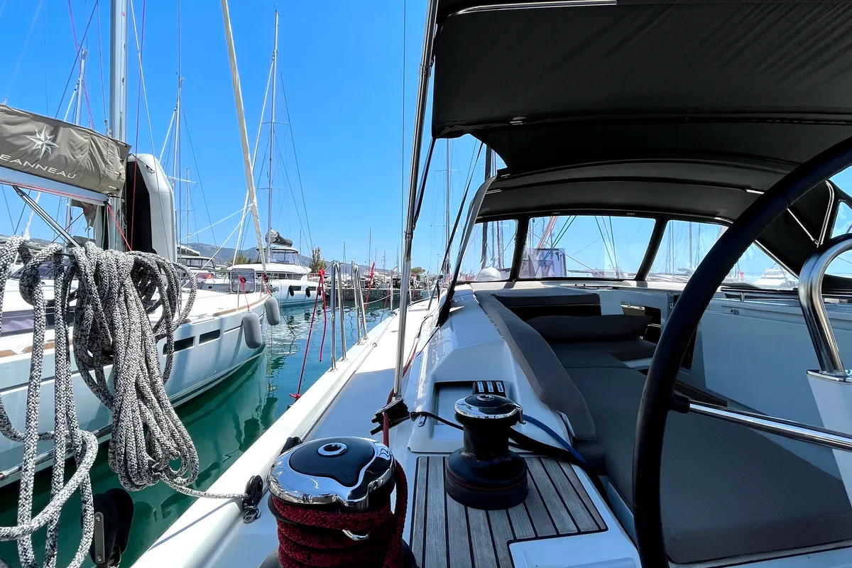 Deck of Black Swan, a Beneteau Oceanis 51.1 sailboat at Athens, Greece