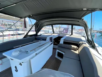 Cockpit of Black Swan, a Beneteau Oceanis 51.1 sailboat at Athens, Greece