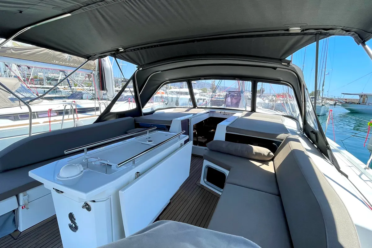 Cockpit of Black Swan, a Beneteau Oceanis 51.1 sailboat at Athens, Greece