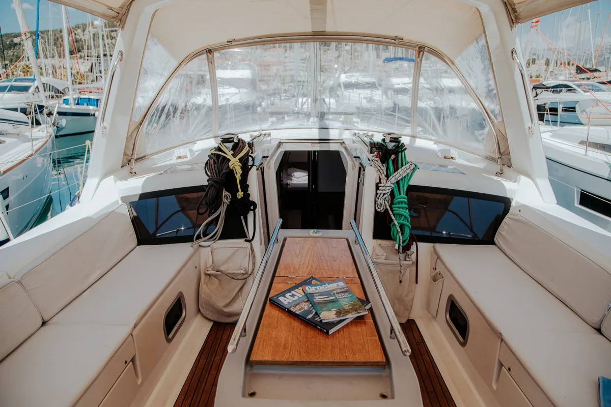 Cockpit of Gold One, a Beneteau Oceanis 48 sailboat at Split, Croatia