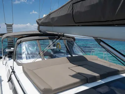Deck of Andromeda, a Dufour 470 sailboat at Athens, Greece