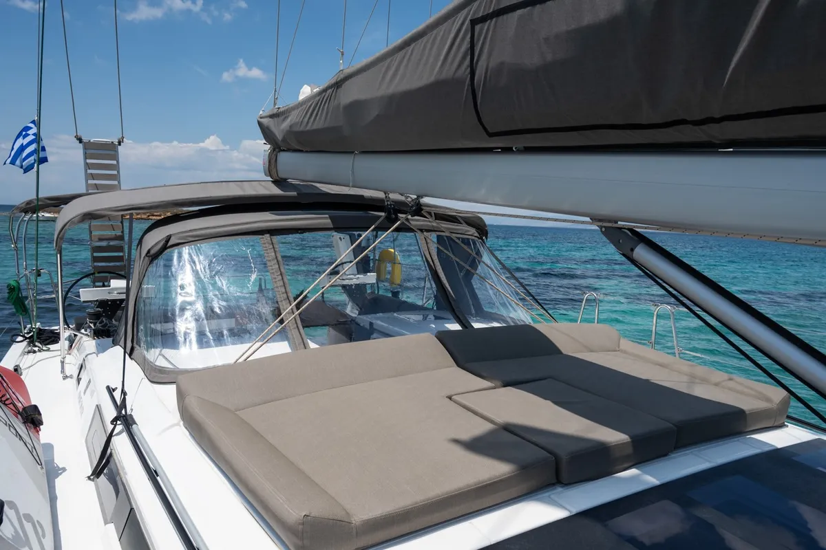 Deck of Andromeda, a Dufour 470 sailboat at Athens, Greece