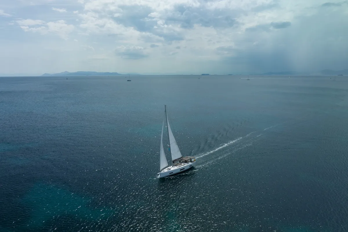 Exterior view of Andromeda, a Dufour 470 sailboat at Athens, Greece