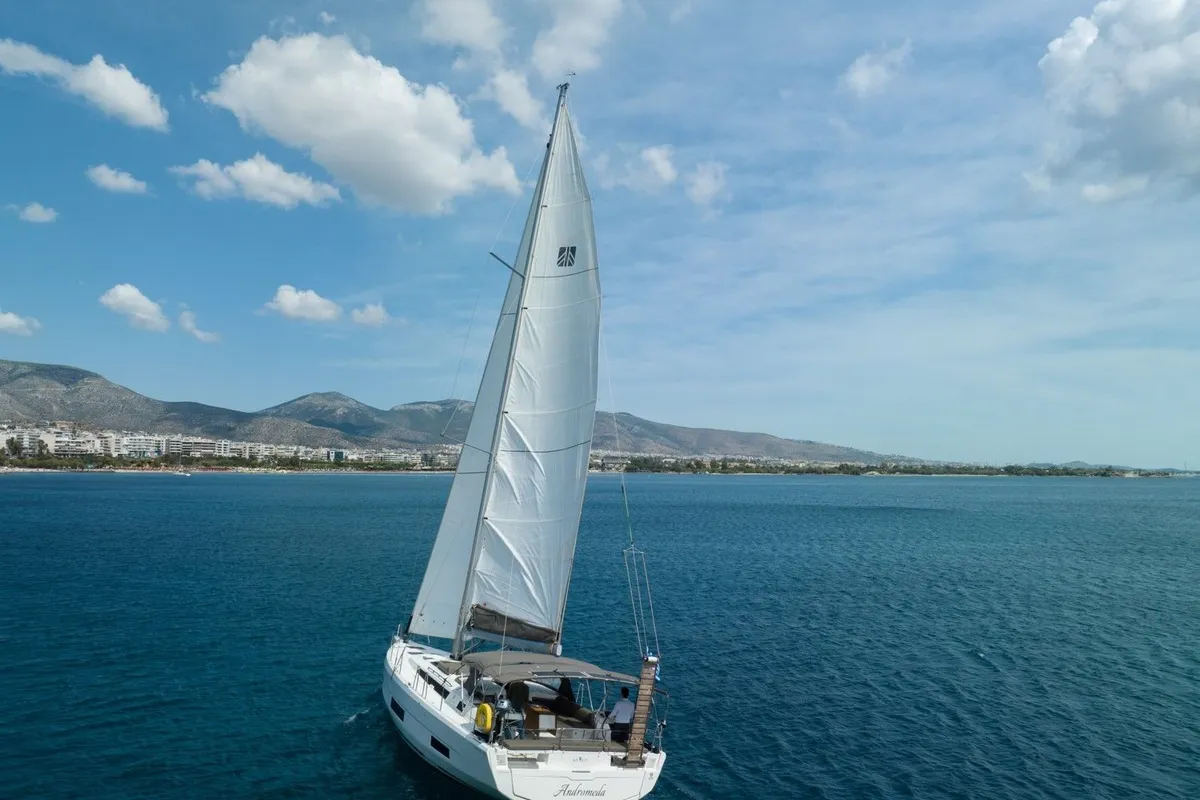Exterior view of Andromeda, a Dufour 470 sailboat at Athens, Greece