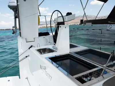 Cockpit of Andromeda, a Dufour 470 sailboat at Athens, Greece