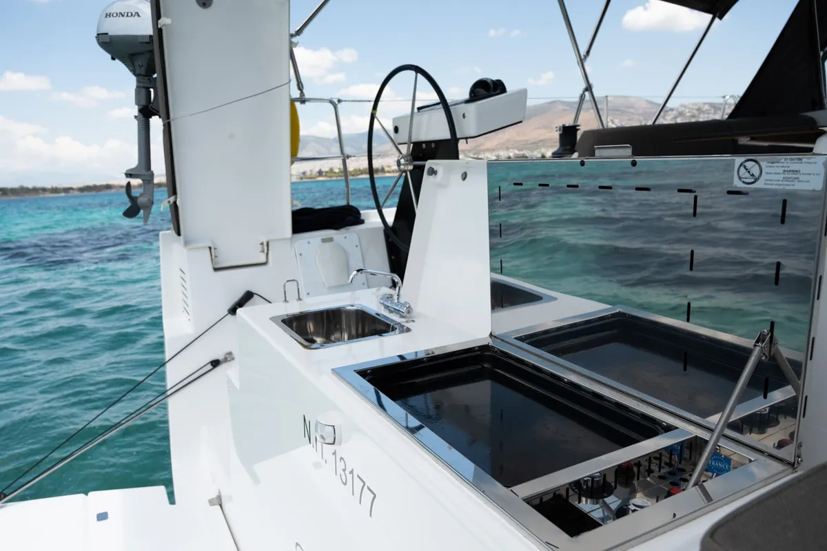 Cockpit of Andromeda, a Dufour 470 sailboat at Athens, Greece