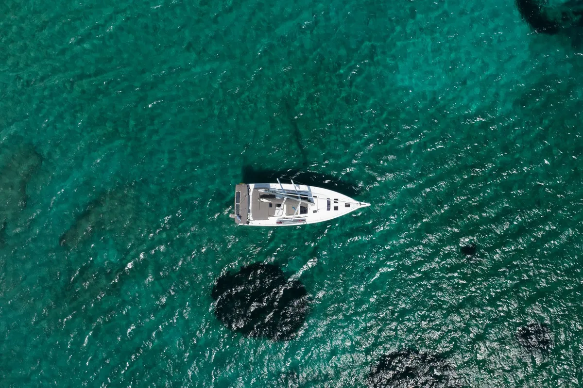 Exterior view of Andromeda, a Dufour 470 sailboat at Athens, Greece