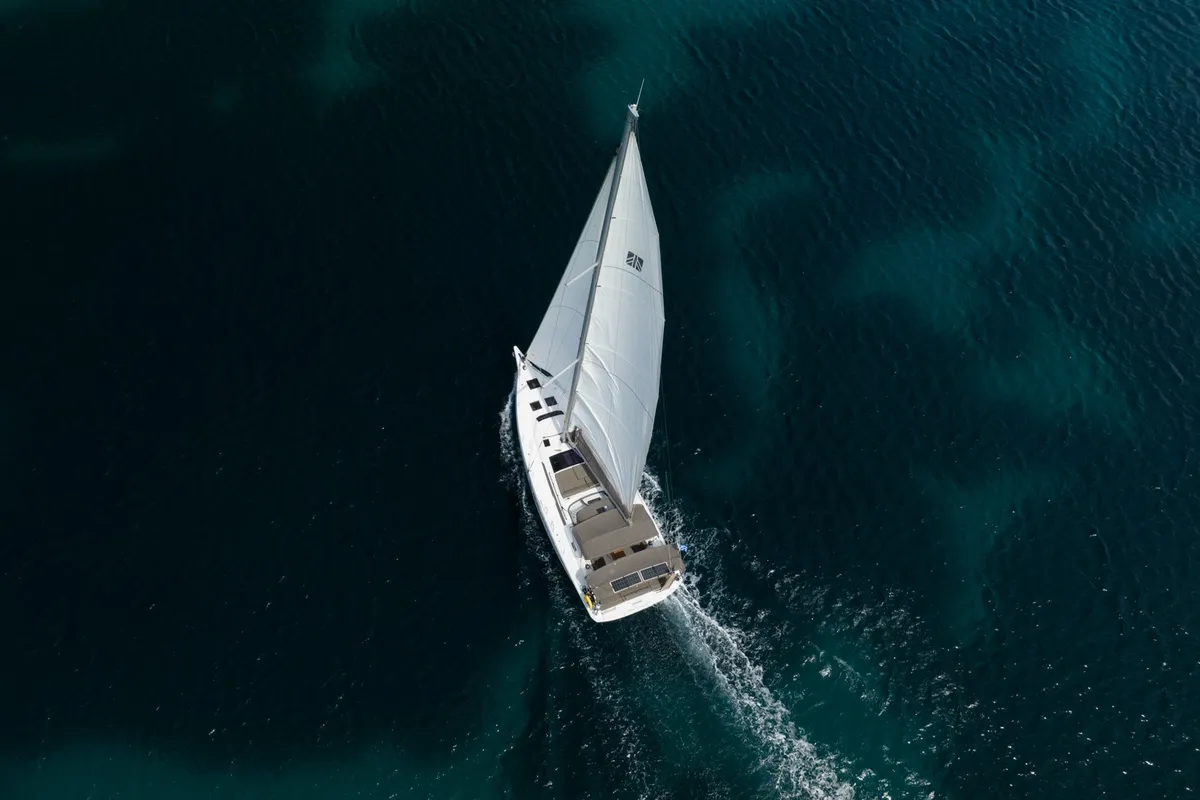 Exterior view of Andromeda, a Dufour 470 sailboat at Athens, Greece