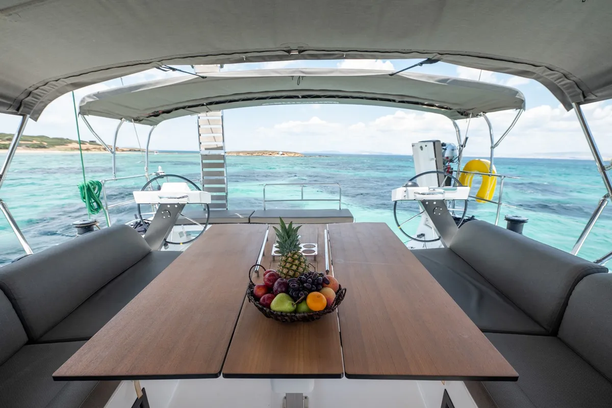 Cockpit of Andromeda, a Dufour 470 sailboat at Athens, Greece