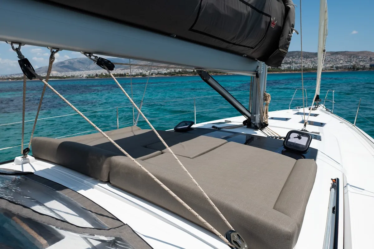 Deck of Andromeda, a Dufour 470 sailboat at Athens, Greece
