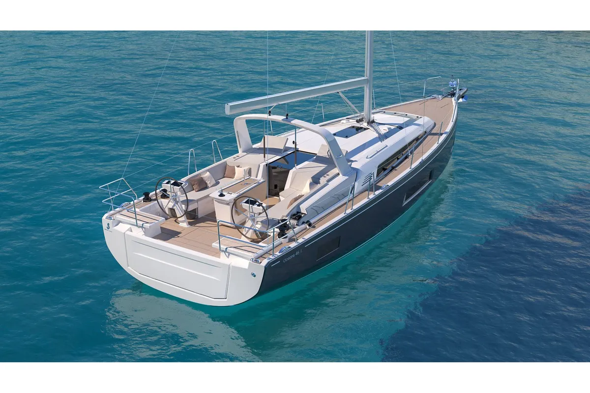 Exterior view of Pebbles, a Beneteau Oceanis 46.1 sailboat at Municipal Unit of Rhodes, Greece
