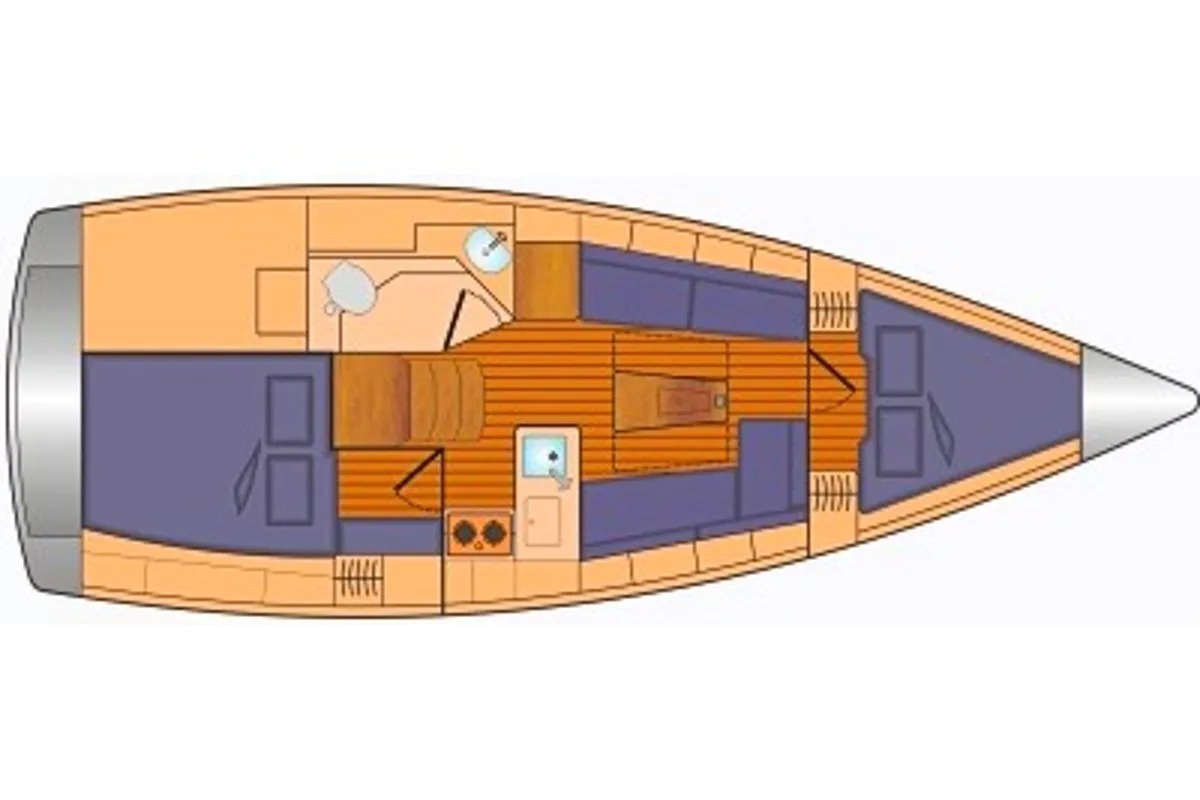 Floor plan of Eighteen, a Bavaria Cruiser 34 sailboat at Fisksätra, Sweden