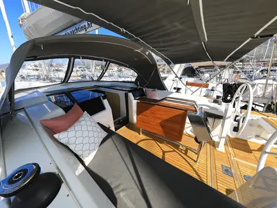 Cockpit of Alexander, a Hanse 418 sailboat at Grad Kaštela, Croatia