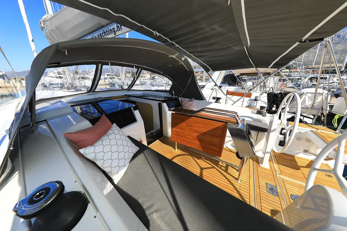 Cockpit of Alexander, a Hanse 418 sailboat at Grad Kaštela, Croatia