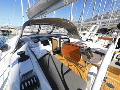 Deck of Alexander, a Hanse 418 sailboat at Grad Kaštela, Croatia