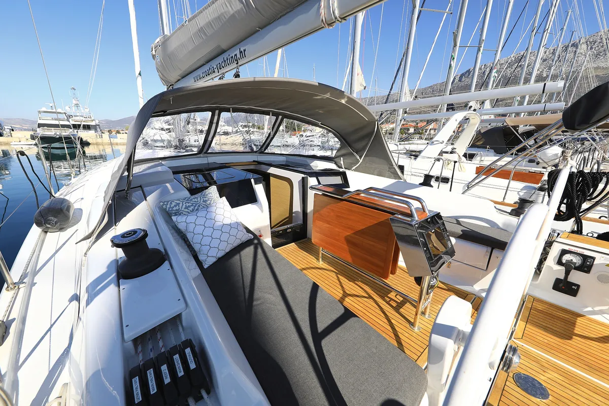Deck of Alexander, a Hanse 418 sailboat at Grad Kaštela, Croatia