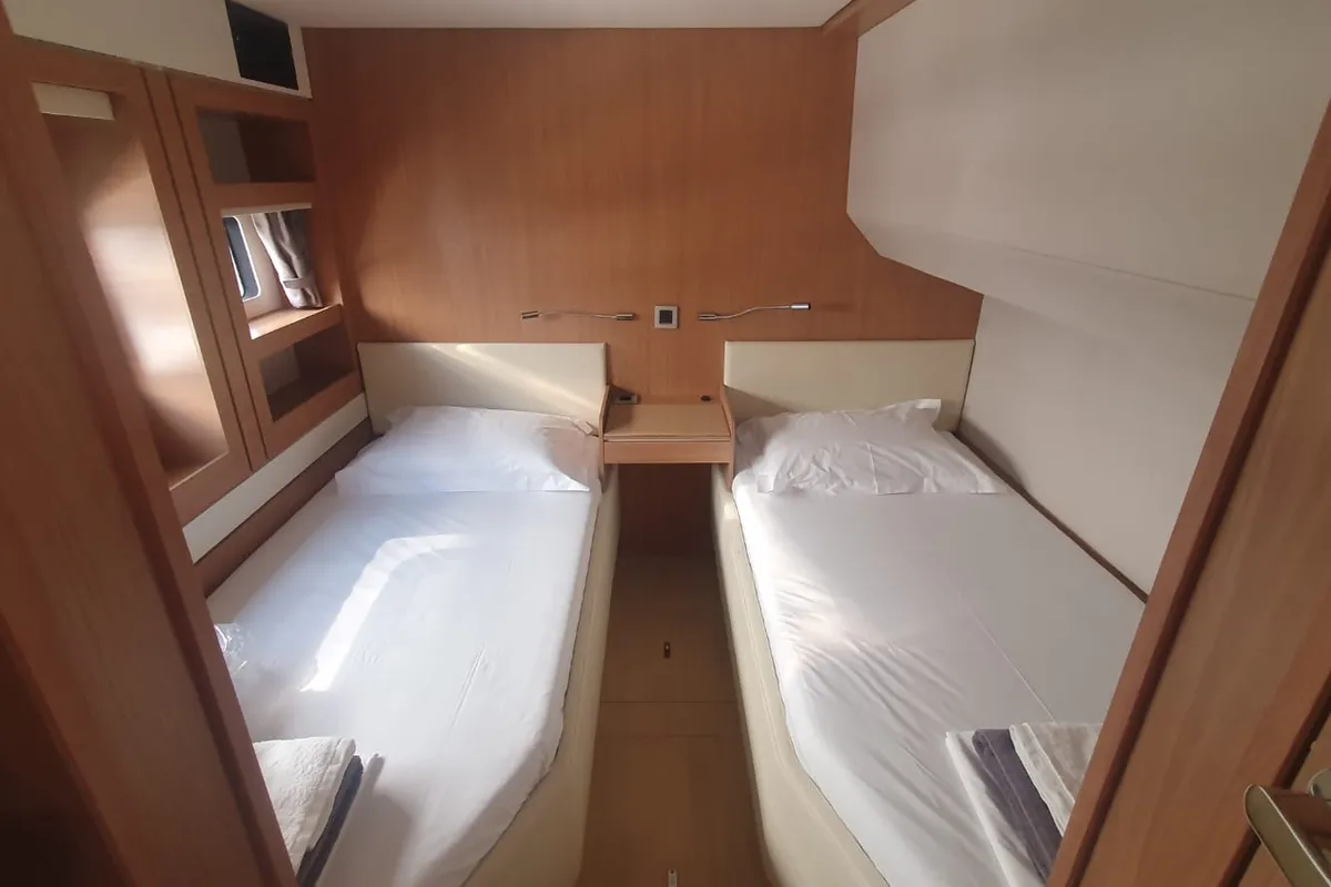 Cabin on Ammos IV, a Bali 5.4 catamaran at Lavrion, Greece