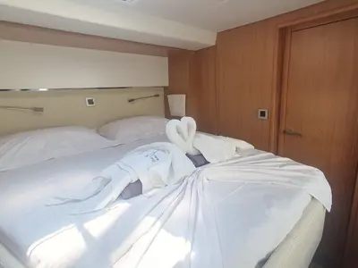 Cabin on Ammos IV, a Bali 5.4 catamaran at Lavrion, Greece