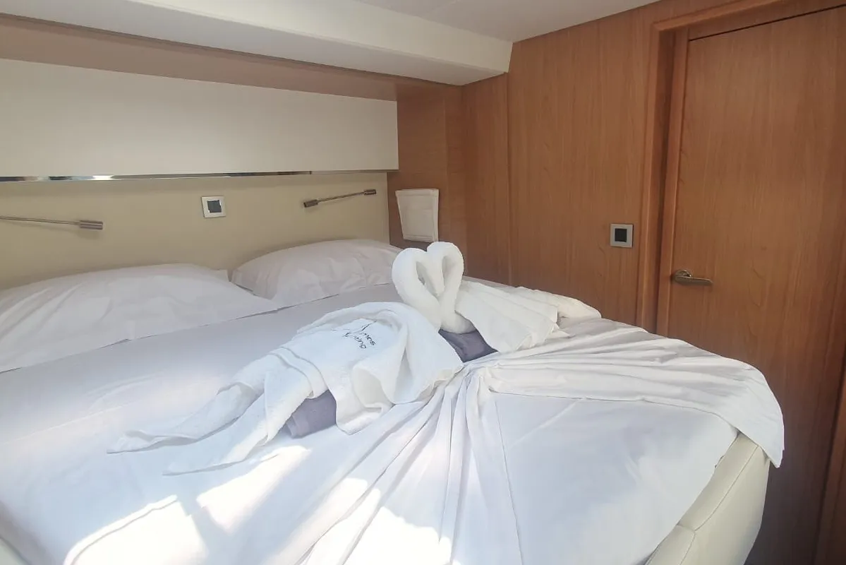 Cabin on Ammos IV, a Bali 5.4 catamaran at Lavrion, Greece