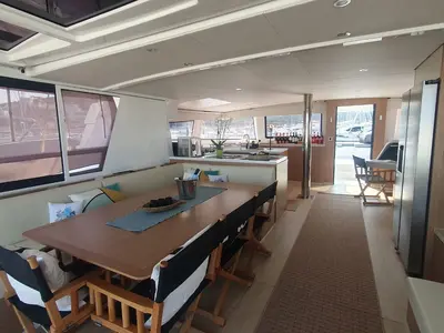Salon of Ammos IV, a Bali 5.4 catamaran at Lavrion, Greece