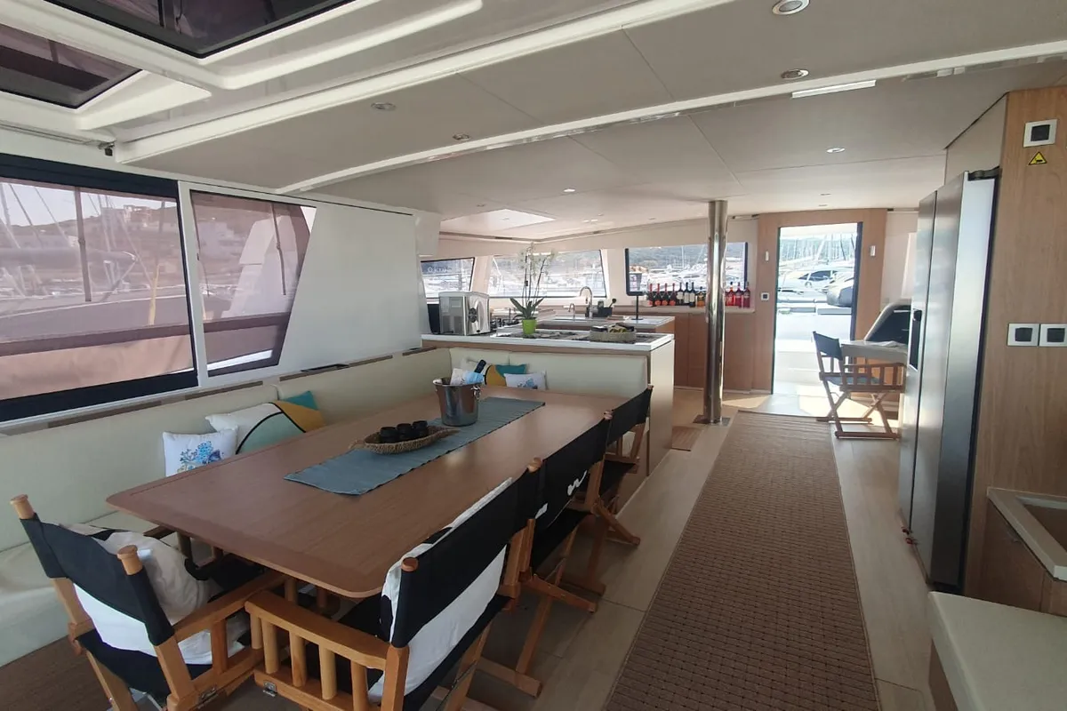 Salon of Ammos IV, a Bali 5.4 catamaran at Lavrion, Greece