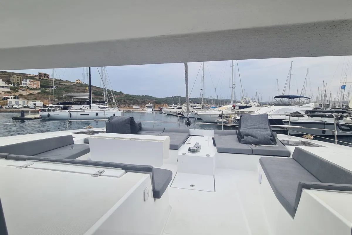 Deck of Ammos IV, a Bali 5.4 catamaran at Lavrion, Greece