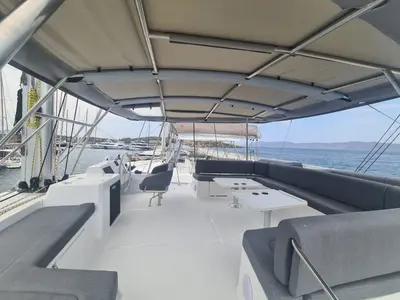 Cockpit of Ammos IV, a Bali 5.4 catamaran at Lavrion, Greece