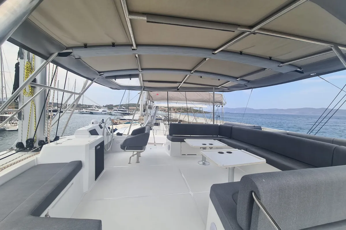 Cockpit of Ammos IV, a Bali 5.4 catamaran at Lavrion, Greece