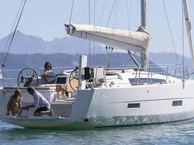 Exterior view of Blue Moon 1, a Dufour 430 sailboat at Lavrion, Greece
