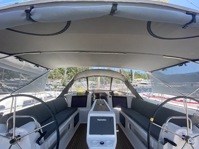 Cockpit of Desiree II, a Dufour 412 Grand large sailboat at Marmaris, Turkey