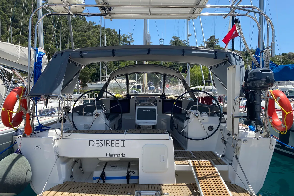 Exterior view of Desiree II, a Dufour 412 Grand large sailboat at Marmaris, Turkey