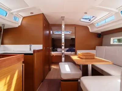 Salon of Indira, a Jeanneau Sun Odyssey 440 sailboat at Olbia, Italy