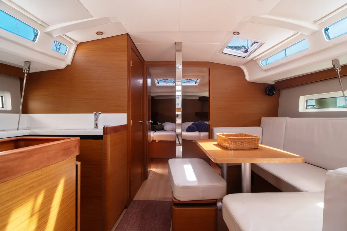 Salon of Indira, a Jeanneau Sun Odyssey 440 sailboat at Olbia, Italy