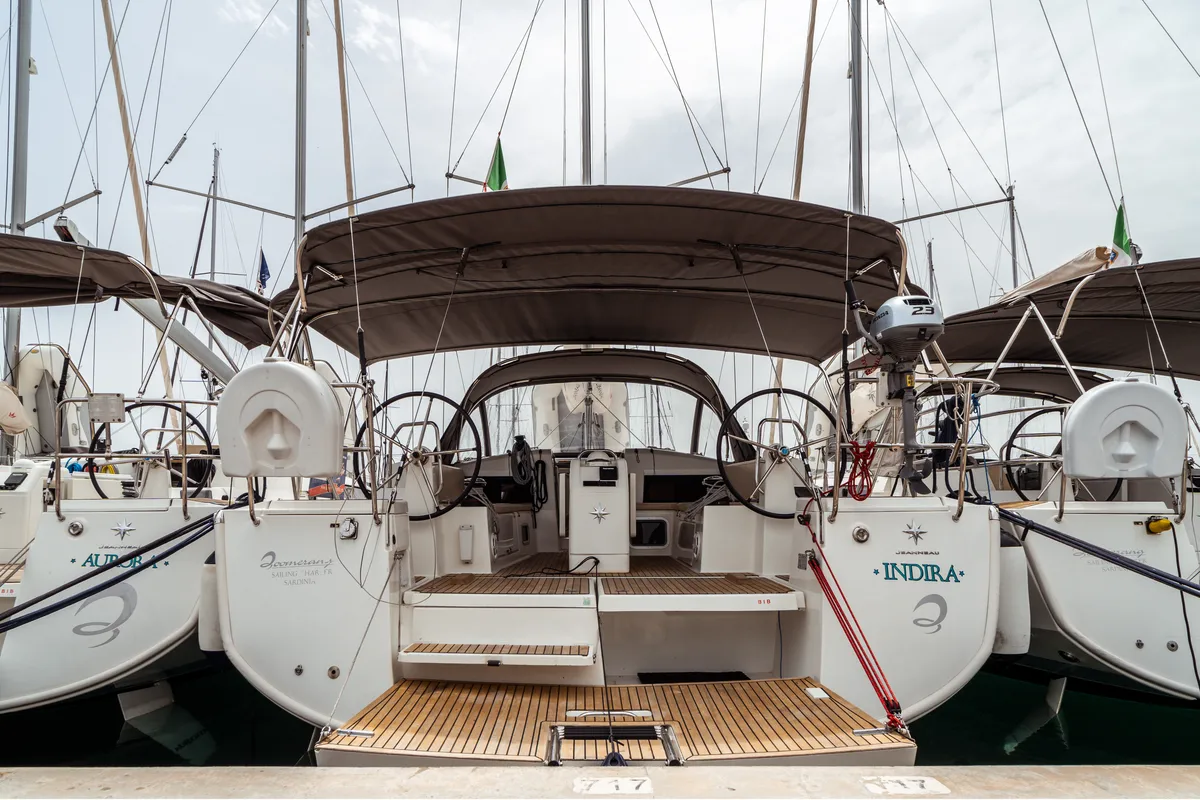 Exterior view of Indira, a Jeanneau Sun Odyssey 440 sailboat at Olbia, Italy