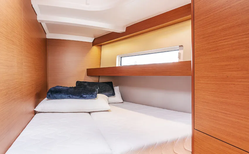 Cabin on Indira, a Jeanneau Sun Odyssey 440 sailboat at Olbia, Italy
