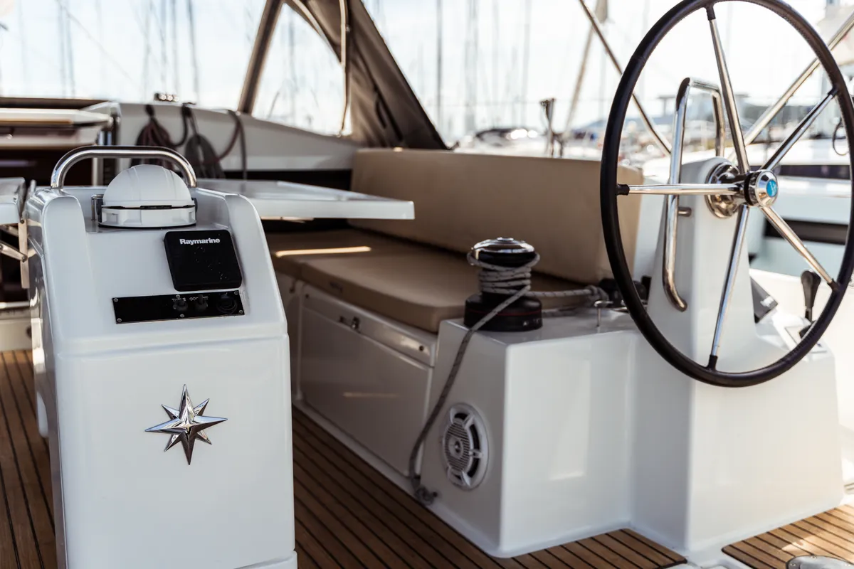 Cockpit of Indira, a Jeanneau Sun Odyssey 440 sailboat at Olbia, Italy