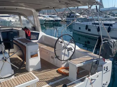 Cockpit of Lukas, a Beneteau Oceanis 38.1 sailboat at Općina Rogoznica, Croatia