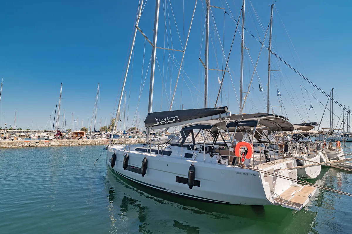 Exterior view of Edelweiss, a Dufour 470 sailboat at Kos, Greece