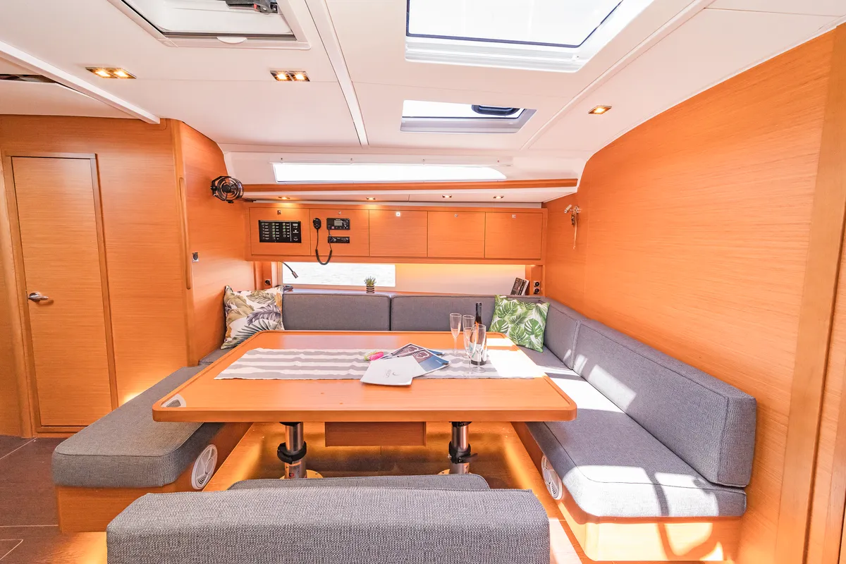 Salon of Edelweiss, a Dufour 470 sailboat at Kos, Greece