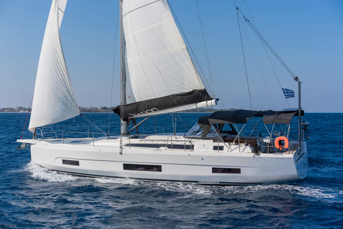 Exterior view of Edelweiss, a Dufour 470 sailboat at Kos, Greece