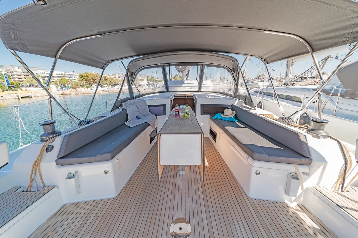 Deck of Edelweiss, a Dufour 470 sailboat at Kos, Greece
