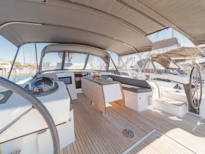 Cockpit of Edelweiss, a Dufour 470 sailboat at Kos, Greece