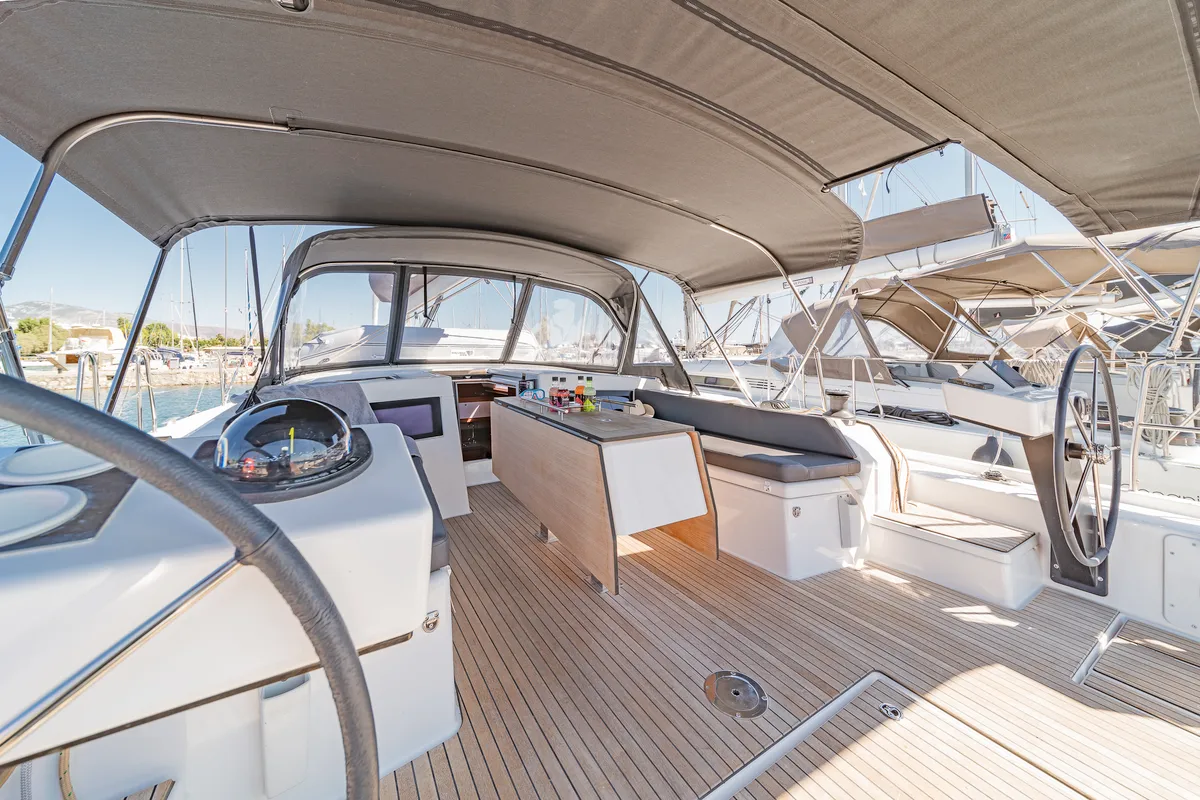 Cockpit of Edelweiss, a Dufour 470 sailboat at Kos, Greece