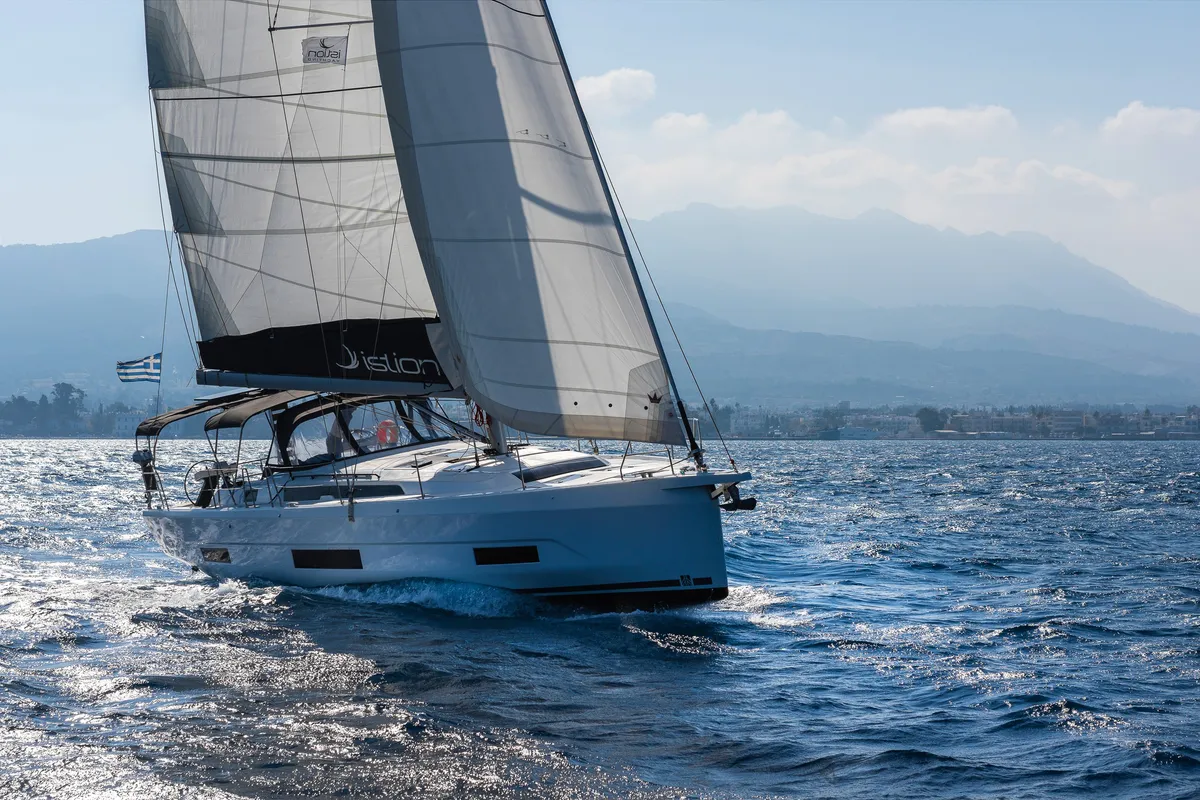 Exterior view of Edelweiss, a Dufour 470 sailboat at Kos, Greece