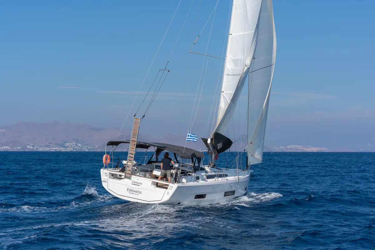 Exterior view of Edelweiss, a Dufour 470 sailboat at Kos, Greece