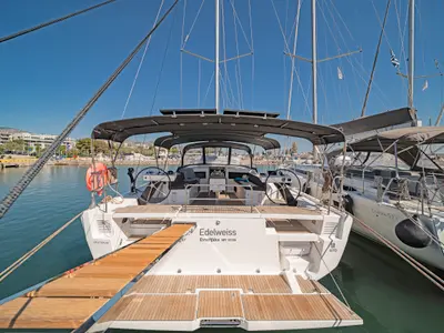 Deck of Edelweiss, a Dufour 470 sailboat at Kos, Greece