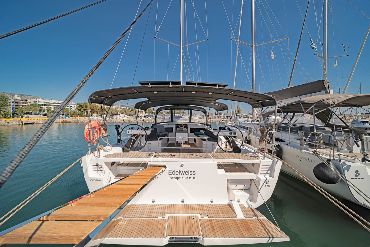 Deck of Edelweiss, a Dufour 470 sailboat at Kos, Greece