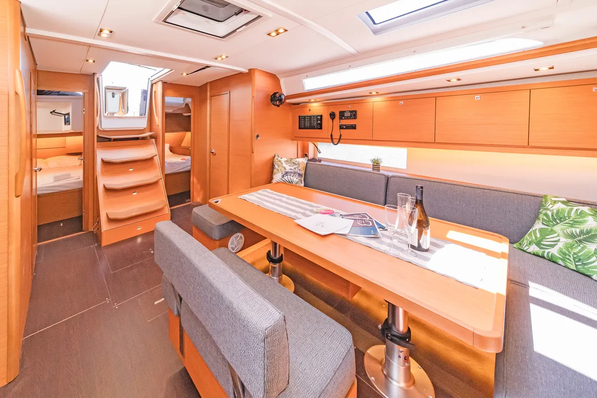 Salon of Edelweiss, a Dufour 470 sailboat at Kos, Greece