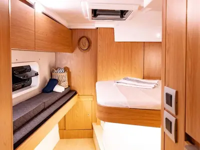 Cabin on Giocos, a Bali Catspace catamaran at Palermo, Italy