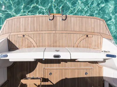 Deck of Anna Rosa, a Beneteau Swift Trawler 30 Fly motor yacht at Punat, Croatia